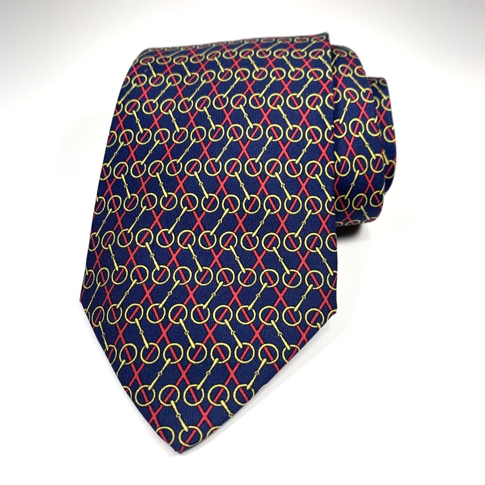Hermes Paris Mens Tie Navy with Red Stripes & Equestrian Chains 7457 Silk‎ EUC